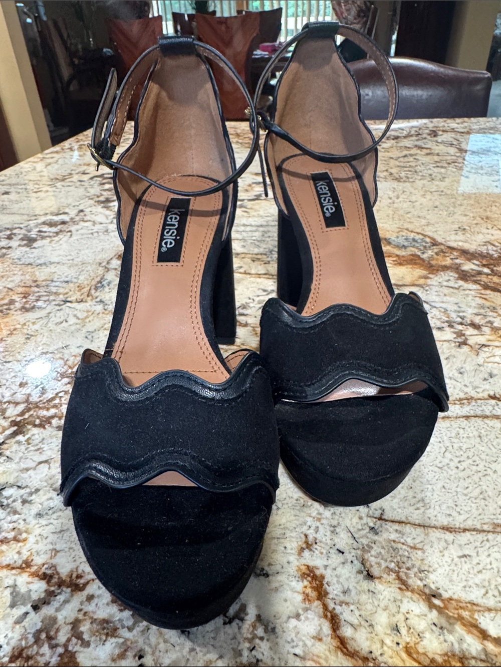 Kensie Black Wavy Strap Ankle-Heel Sandals